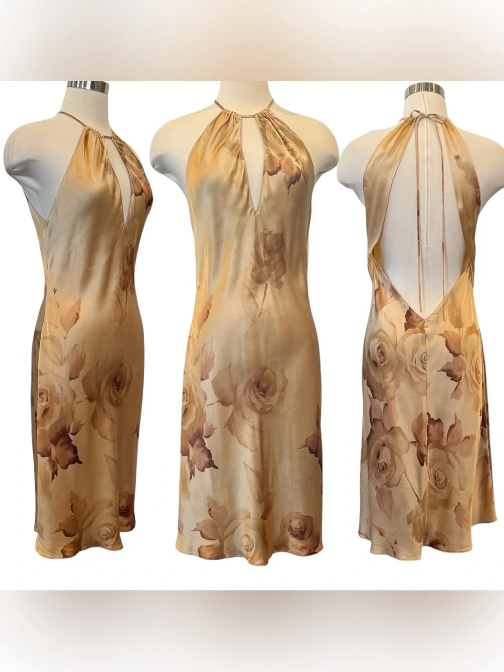 🌺SOLD🌺 Victoria’s Secret 100% Silk Gold Floral Vintage Midi Halter Slip Dress M - Picture 4 of 9